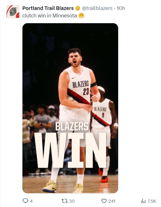 克林根统治内线！开拓者力克森林狼豪取三连胜